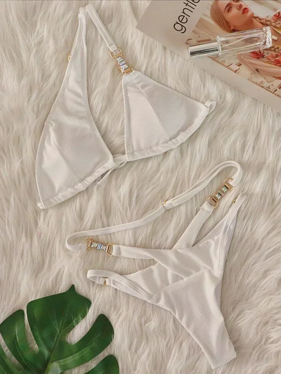 High Cut Diamond Bikinis One Shoulder Bikini 2025 Female Swimsuit Women Swimwear Two-pieces Bikini Set Ribbed Bathing Suit Swim