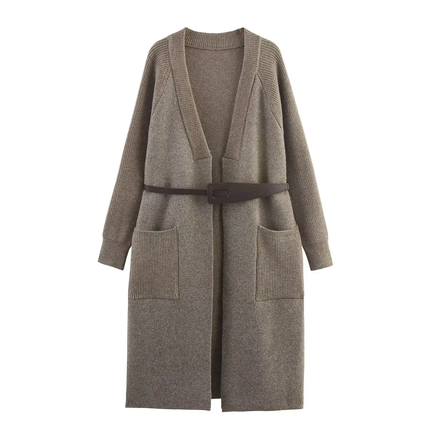 

New European and American autumn and winter V-neck knitted cardigan thickened mid-length lazy style over-knee jacket coat