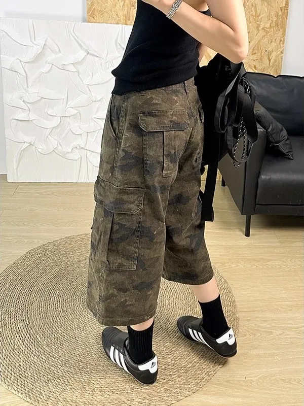 صيف جديد 2025 رقيقة التمويه الدنيم سبعة أقدام السراويل النسائية الأمريكية الرجعية Waed واسعة الساق فضفاضة الأوسط السراويل جينز غير رسمي #3