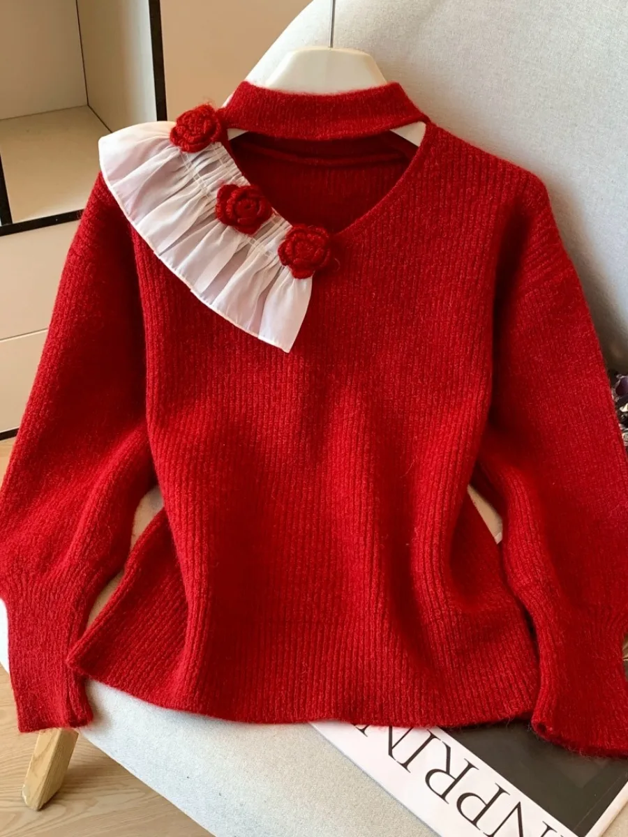 

Sweet Lazy Sle Women's Knitted Sweater Ne Hanging 3D Flower Design Autumn Winter Soft Comfortable Self-Preservation Model