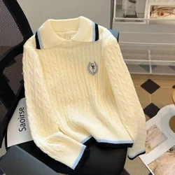 Women Grey Clothing Vintage Knitting Sweater V-neck White Long Sleeve Casual Korean Fashion Baggy Female 2023 Winter NEW Tops