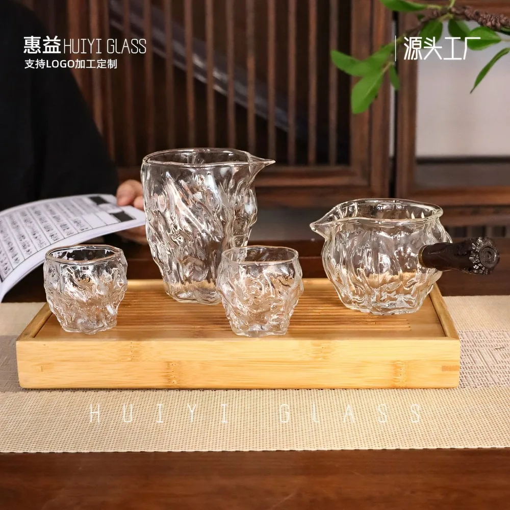 Chinese Tree Grain Borosilicate Glass Teacup with Handle Anti-scald Simple Master Cup Home Office Tea Set