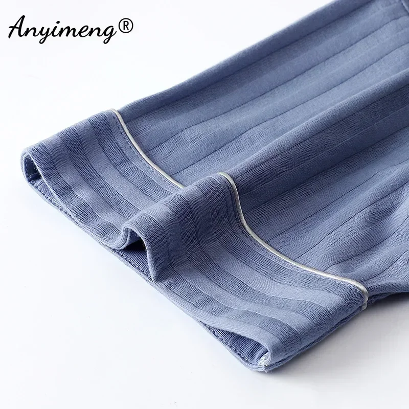 Plus Size Luxury Men Summer Nightwear Knitted Cotton Pajamas Set Short Sleeved Long Pants Fashion Elegant Mens Leisure Sleepwear