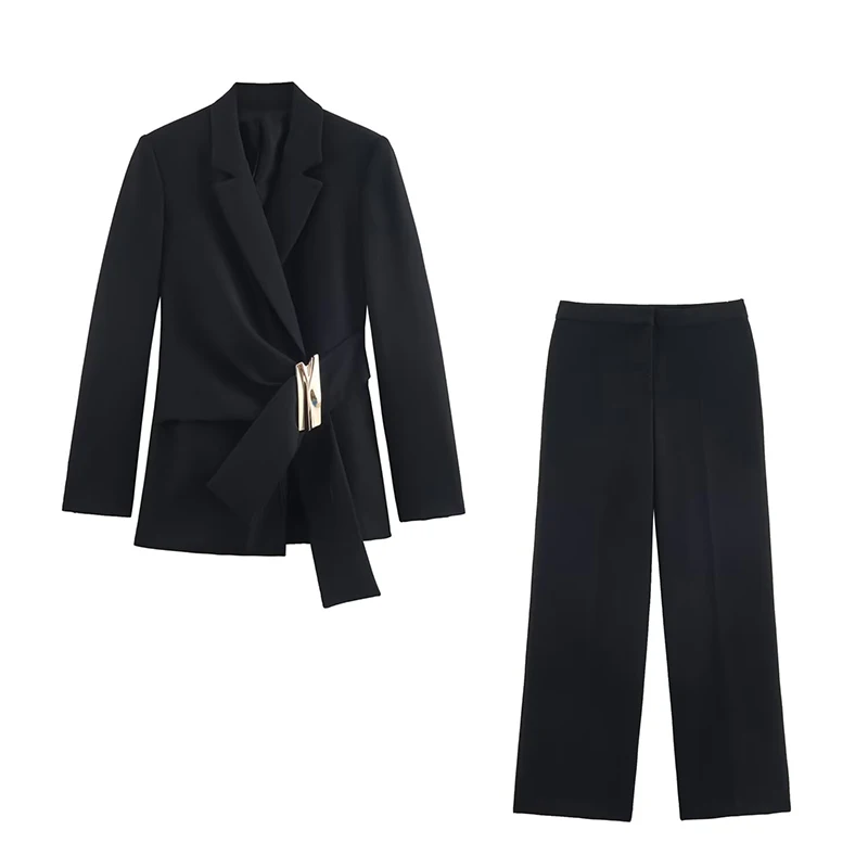 Women's Suit Pants Two-Piece Set Buckle Decoration Long Sleeve Blazer Coat + Straight-Leg Pants 2 Pieces Sets Chic Woman Outfits