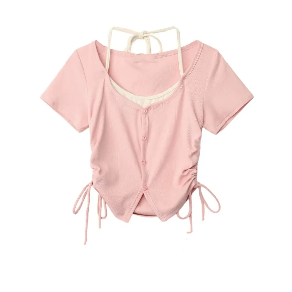 

Soft Korean Fake Two-piece Top Short Sleeve Aesthetic Lightweight Vests Spaghetti Strap Streetwear Drawstring Crop Top Y2K