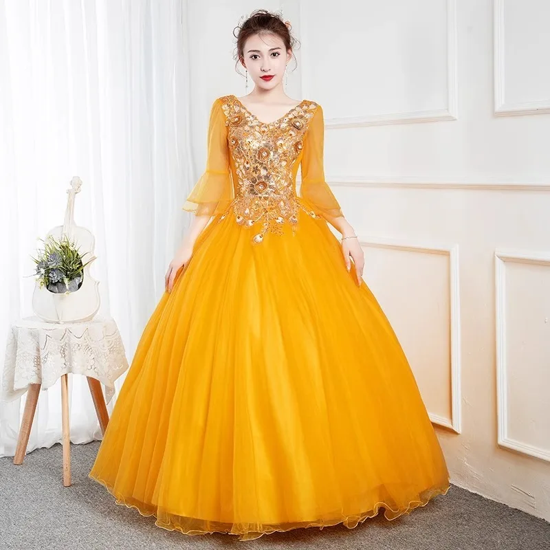 2025 novo feminino bordado com decote em v ouro lantejoulas vestido de noite moda emagrecimento anfitrião desempenho arte exame puff saia vestido longo