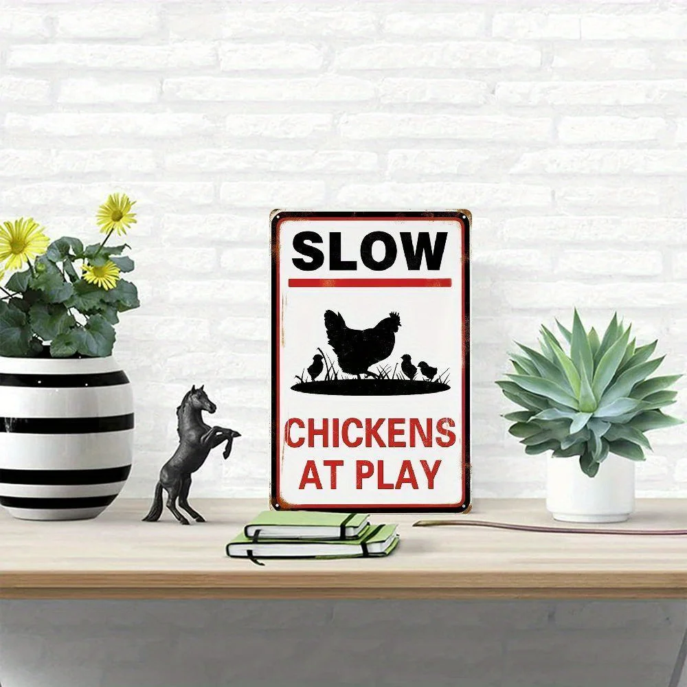 Polli lentos al gioco Segnale di avvertimento Divertente cartello di avvertimento di sicurezza in fattoria Decorazione da parete in metallo vintage Novità Pollo in fattoria
