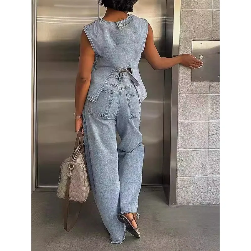 Elegant Women Denim 2 Piece Set Sleeveless Tank Top Wide Leg Pants Matching Set 2024 Autumn New Fashion Streetwear Jeans Outfits