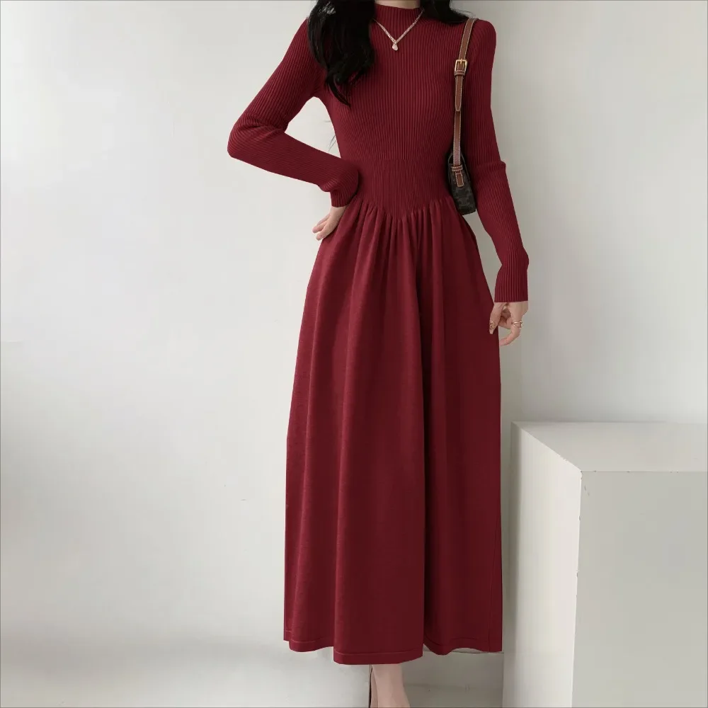 Knitted Women's Dresses Solid Colors Elegant Mature All-match Bodycon Long Sleeve A-line Slim Waist Commuting Half High Collar