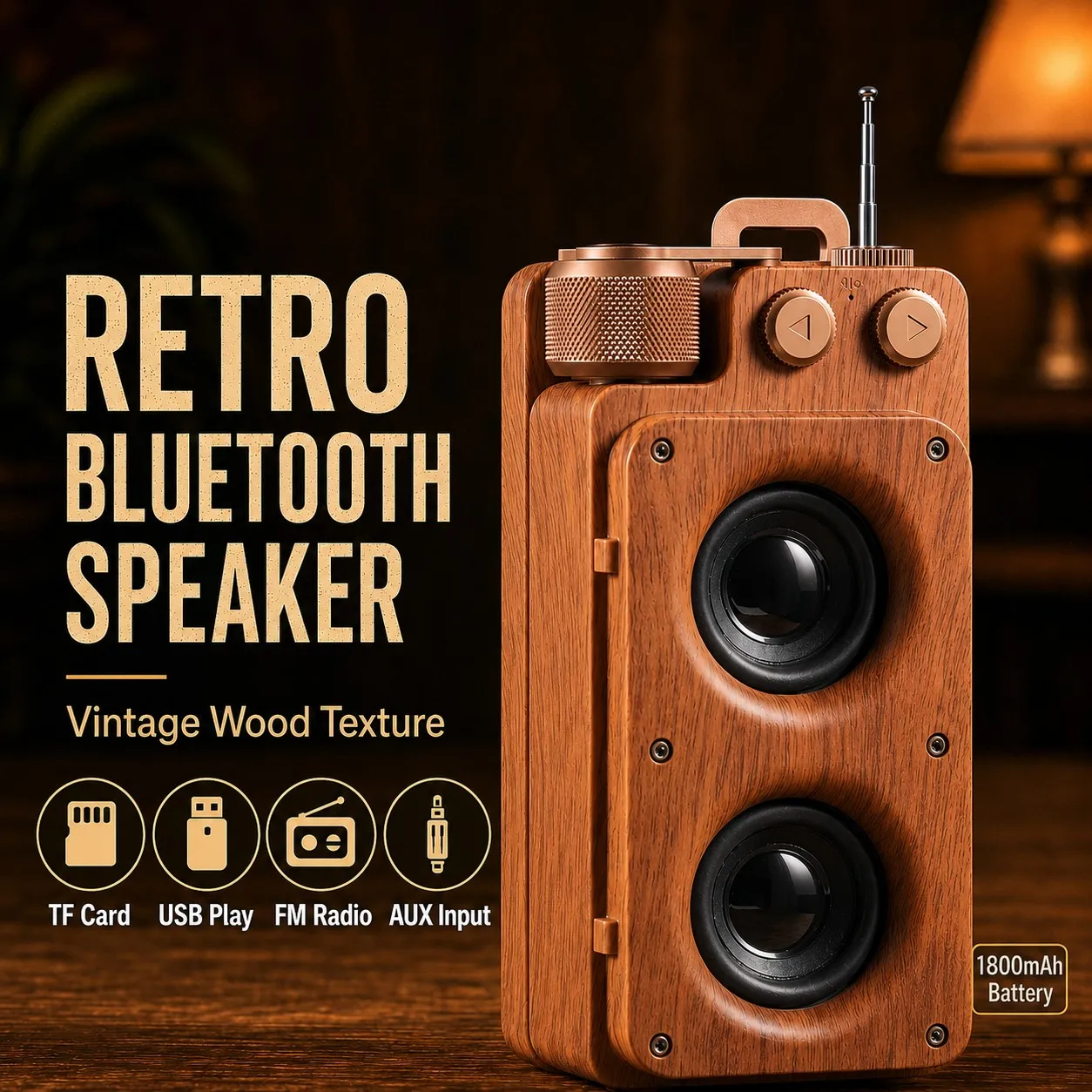 Hichomeow 2026 Wood Grain Bluetooth Speaker Portable Wireless HiFi Stereo Bass for Home Cafe Outdoor with FM Radio TF USB AUX