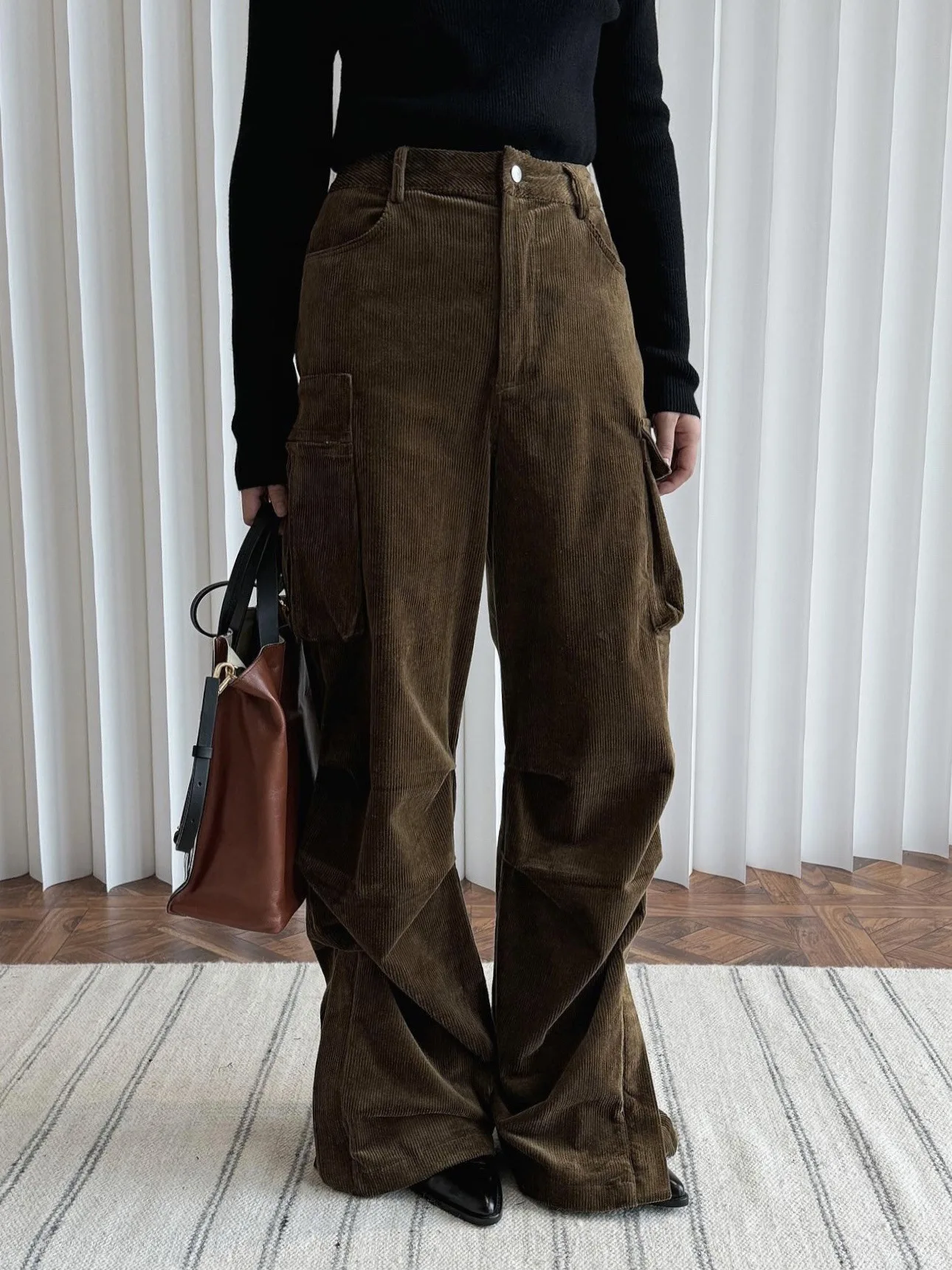 Autumn and winter women's casual solid color high waist loose pocket decoration wide leg pants