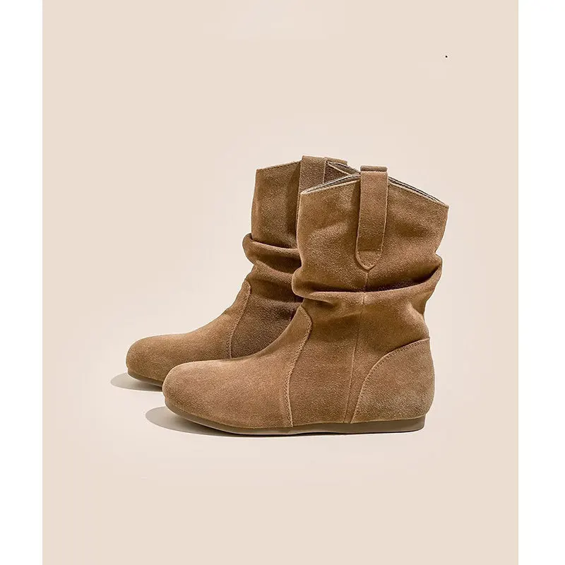 

Cowhide Version Inner Height Increase retro Short Boots for Women Winter Western Fashion Boots Round Toe Short Tube Slouch Boots
