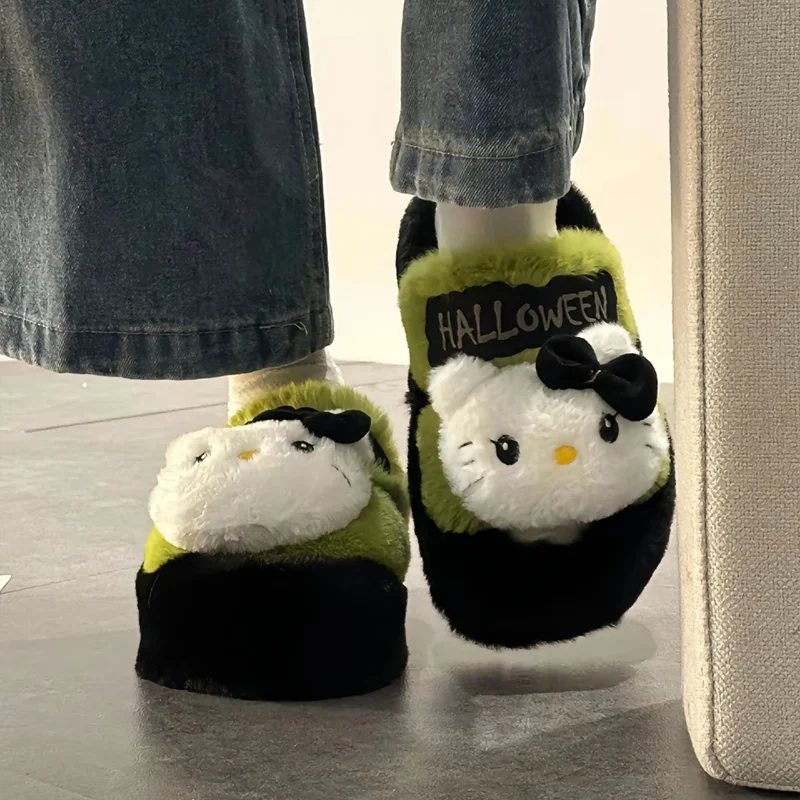 

2024 взрывоопасные красивые женские тапочки Hello Kitty в стиле, женские осенне-зимние высокие тапочки из искусственного хлопка на толстой подошве