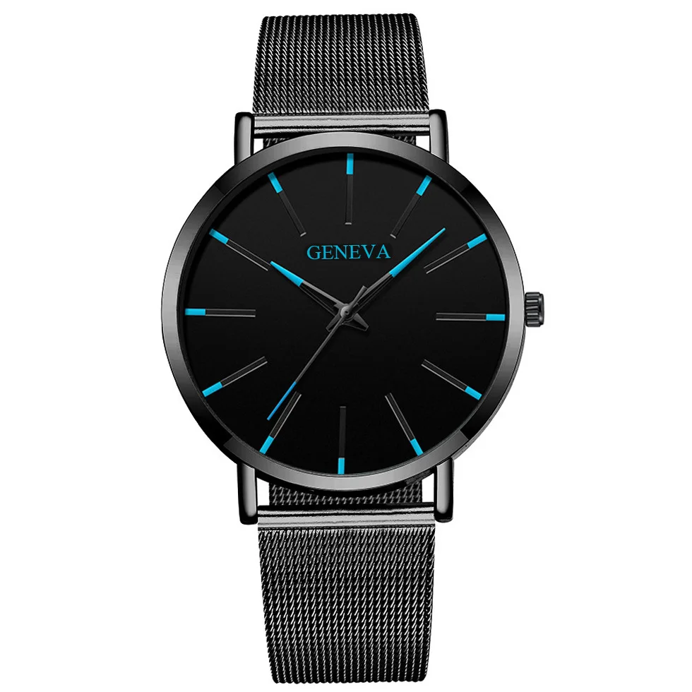 2024 Geneva Minimalist Watch Men Ultra Thin Blue Stainless Steel Mesh Belt Watches Man Business Casual Quartz Wrist Watch