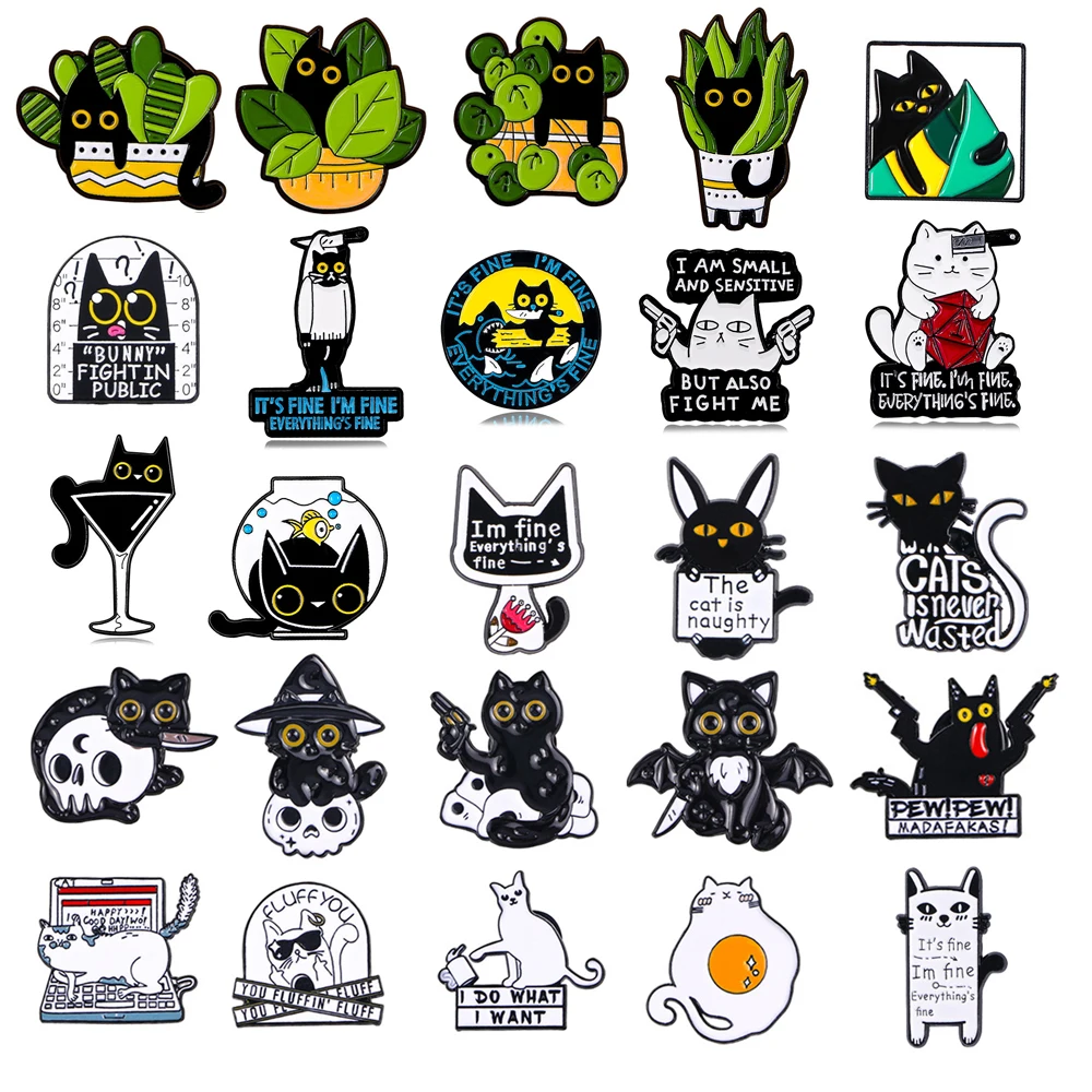 Bros Enamel kucing kreatif pot belati Pistol kucing dadu kaca tengkorak kelelawar kucing komputer telur kucing logam lencana Punk Lapel Pin perhiasan