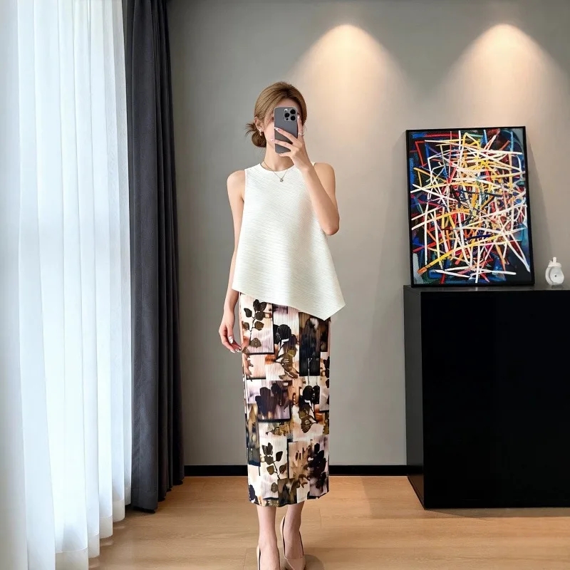 Miyake Pleated 2026 New Summer Original Retro Gradient Skirt Draped Elastic Casual Straight Printed Pleated Mid-Length Skirt