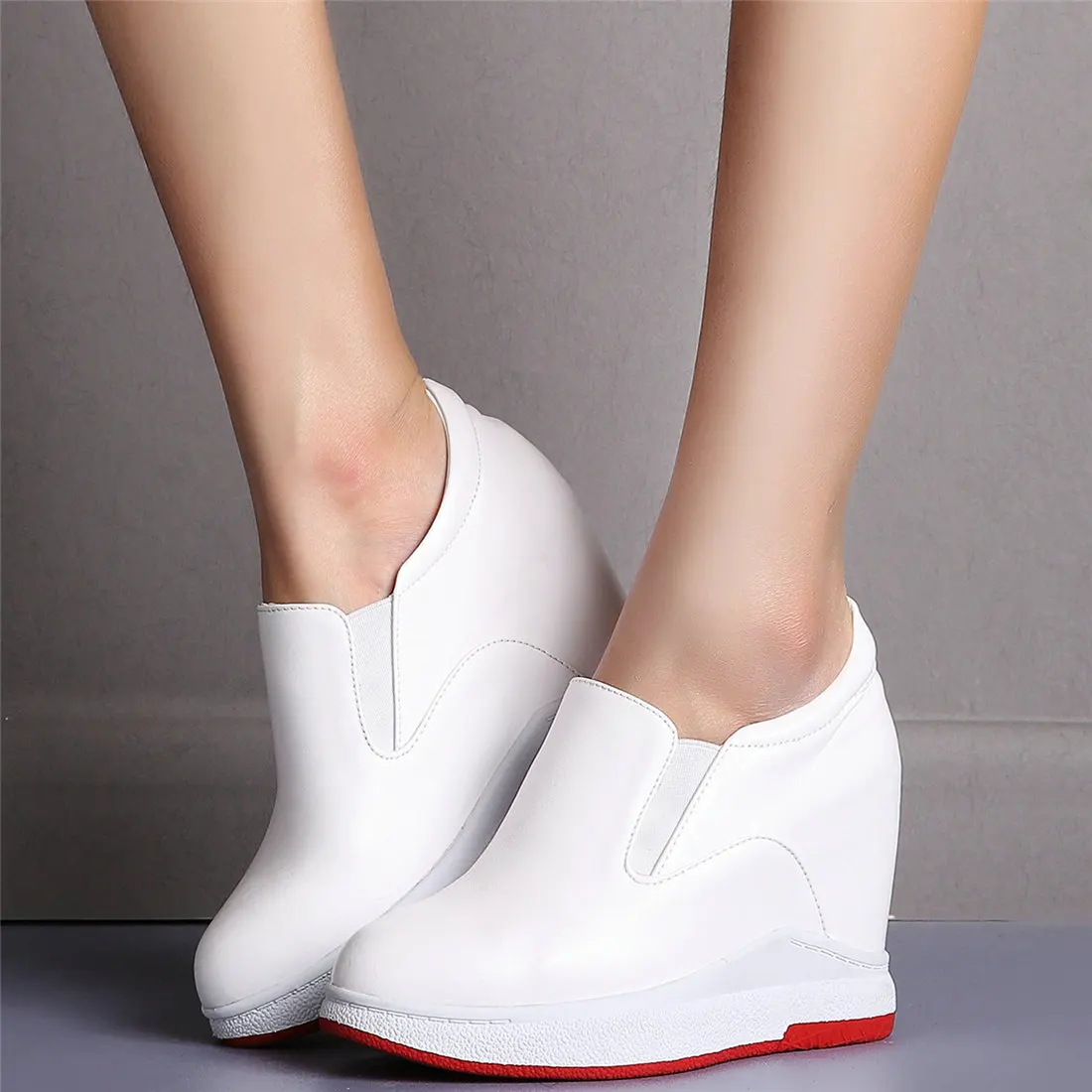 Casual Shoes Women Genuine Leather High Heel Platform Pumps Shoes Female Round Toe Fashion Sneakers Low Top Wedges Oxfords Shoes