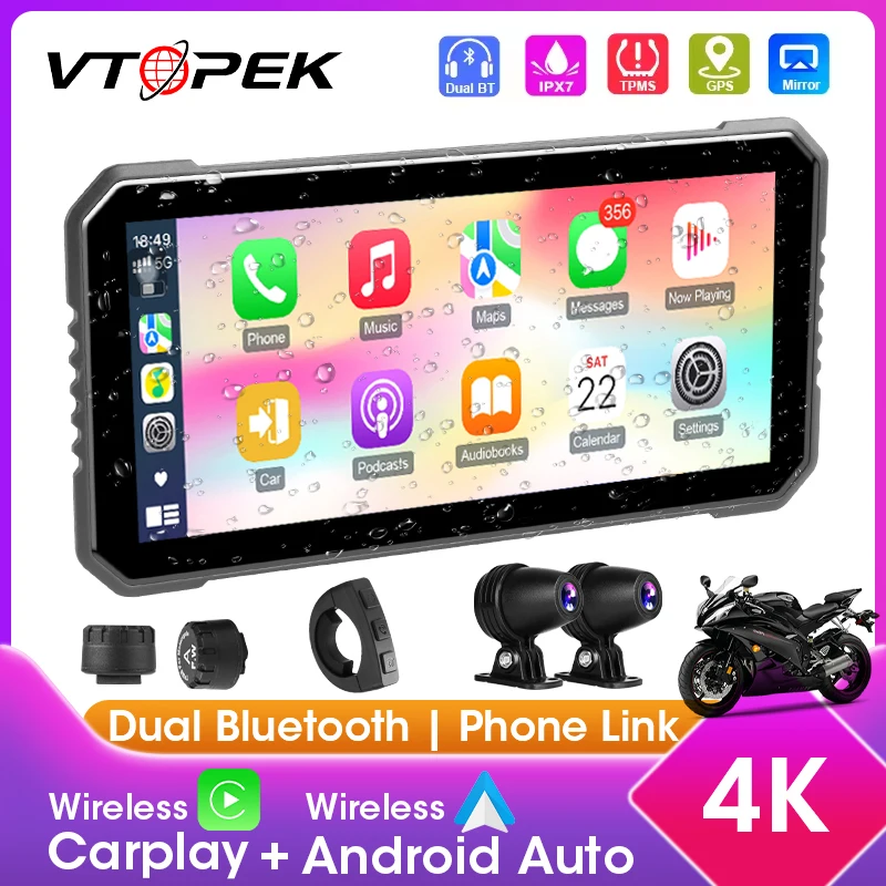 

6.25 inch 4K+1080P DVR Waterproof Motorcycle GPS Navigation Wireless CarPlay Android Auto Drive Recorder Moto Monitor Bluetooth