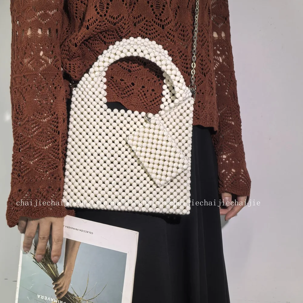 New Women's Handmade Woven Bead Chain Crossbody Bags for Woman Fashionable Casual Handbag Solid Color Mother Child Card Bag