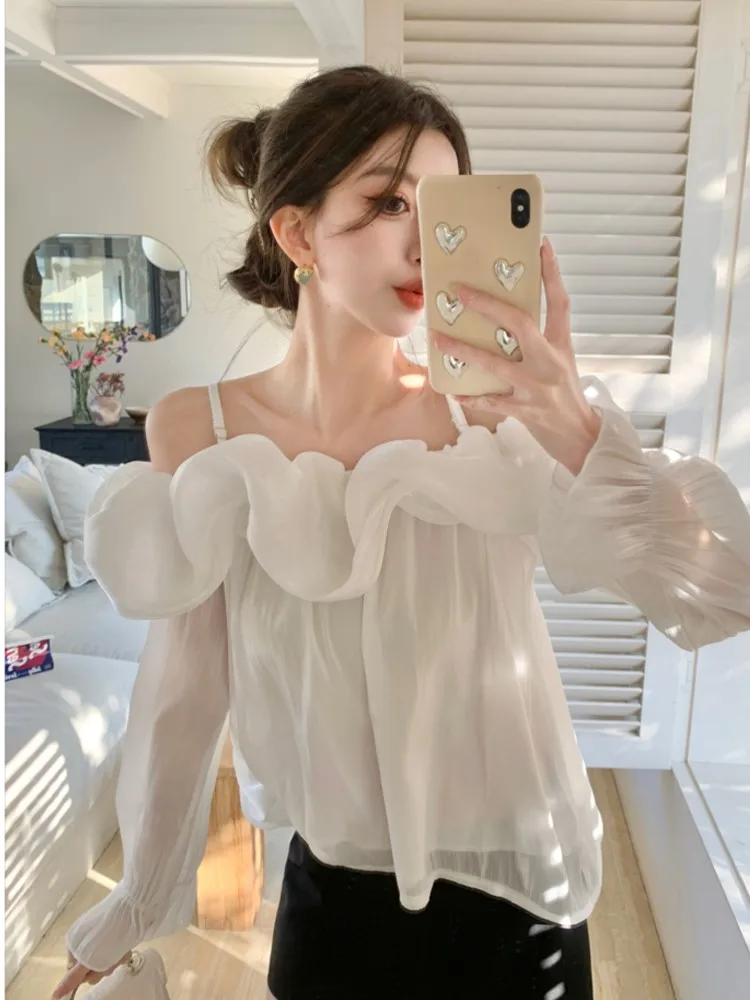 

Women Elegant Off Shoulder Ruffle Black White Shirts Korean Fashion Casual Long Sleeve Blouses Female Clothing Top New