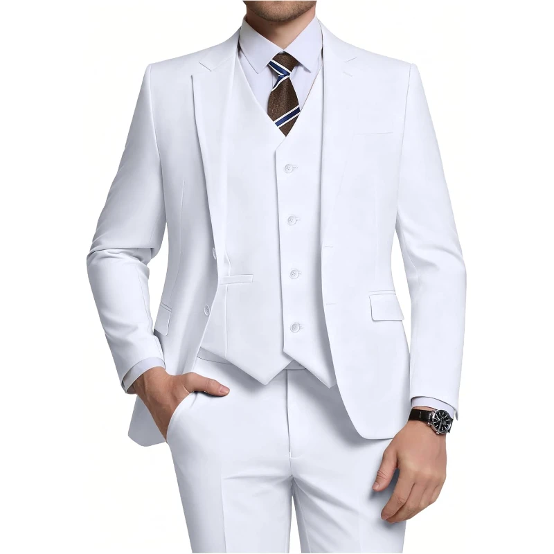 

3 Piece Men's Suit Set, Two Button Blazer Solid Jacket Vest Pants Wedding Business Slim Fit Suit Set For Men