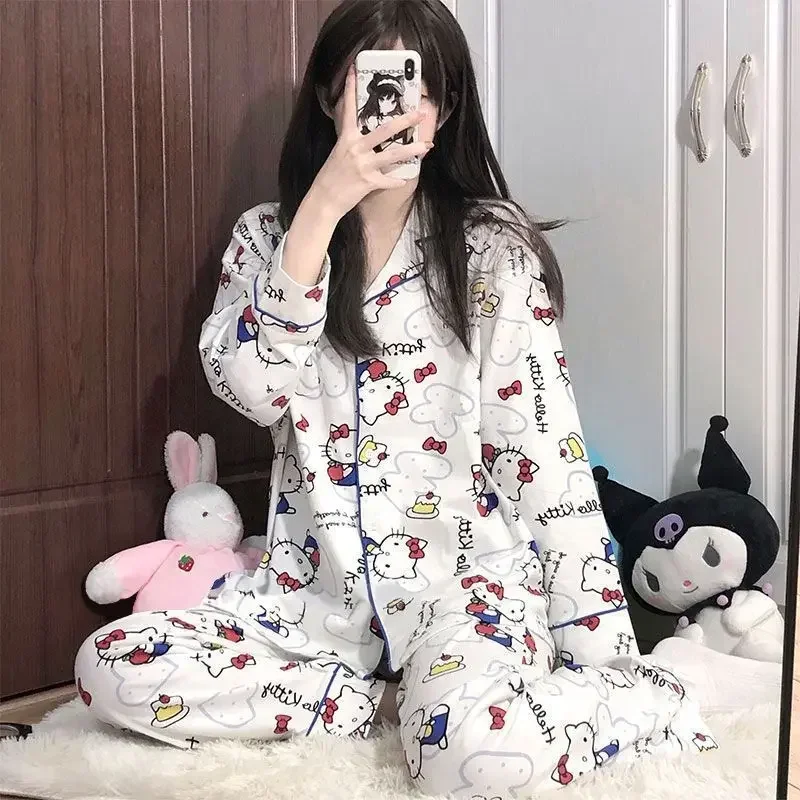 Sanrio Hello Kitty Autumn Cotton Women\'s Pajamas Long Sleeves Pants Two-piece Cartoon Loungewear Casual Silk Pajamas Women