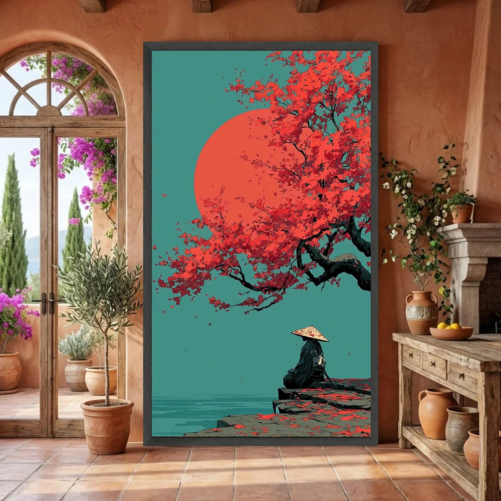 Arte de pared en lienzo de estilo japonés con diseño de árbol de arce rojo, póster minimalista de arte asiático, figura de Geisha y samurái, pintura en lienzo para decoración del hogar