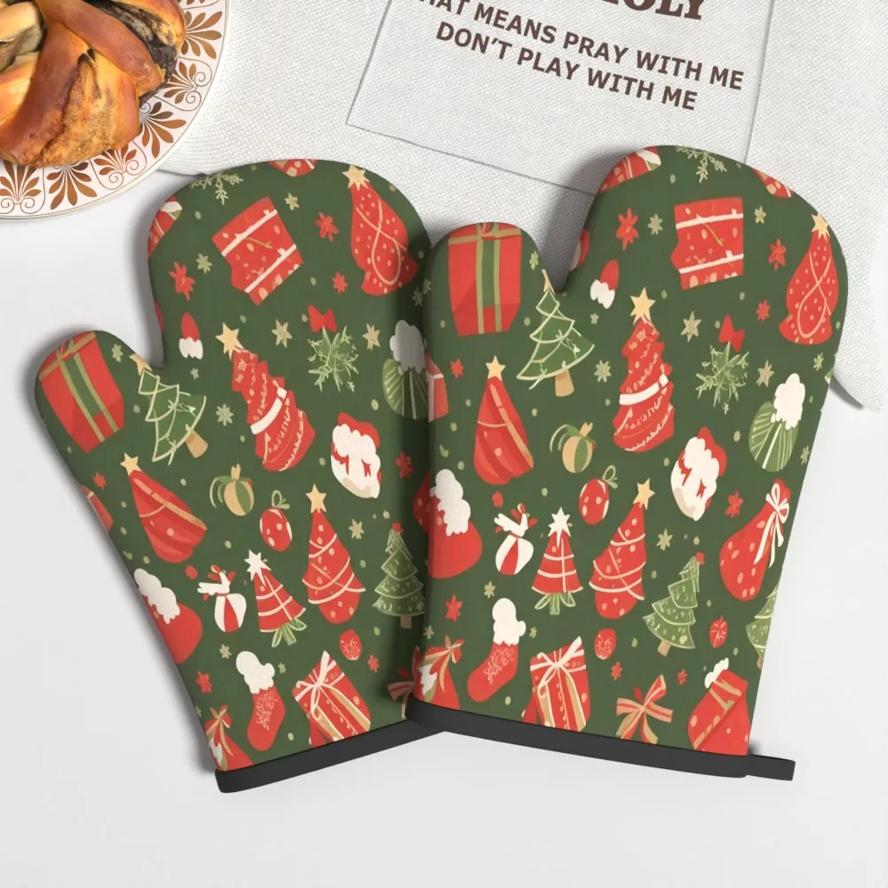 2pcs Large Oven Gloves - Heat Resistant up to 500°F/260°C, Extra Long Kitchen Mitts with Christmas Design