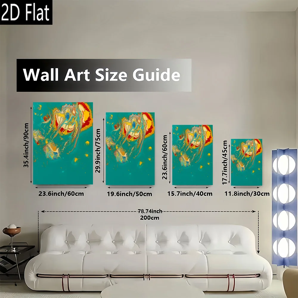 ملصق فني سائل تجريدي بدون إطار مكون من قطعتين مسطحًا، قطعة واحدة - أزرق فيروزي، أصفر، أحمر، أسود، أبيض، لوحة ريترو حديثة ذهبية - Hig