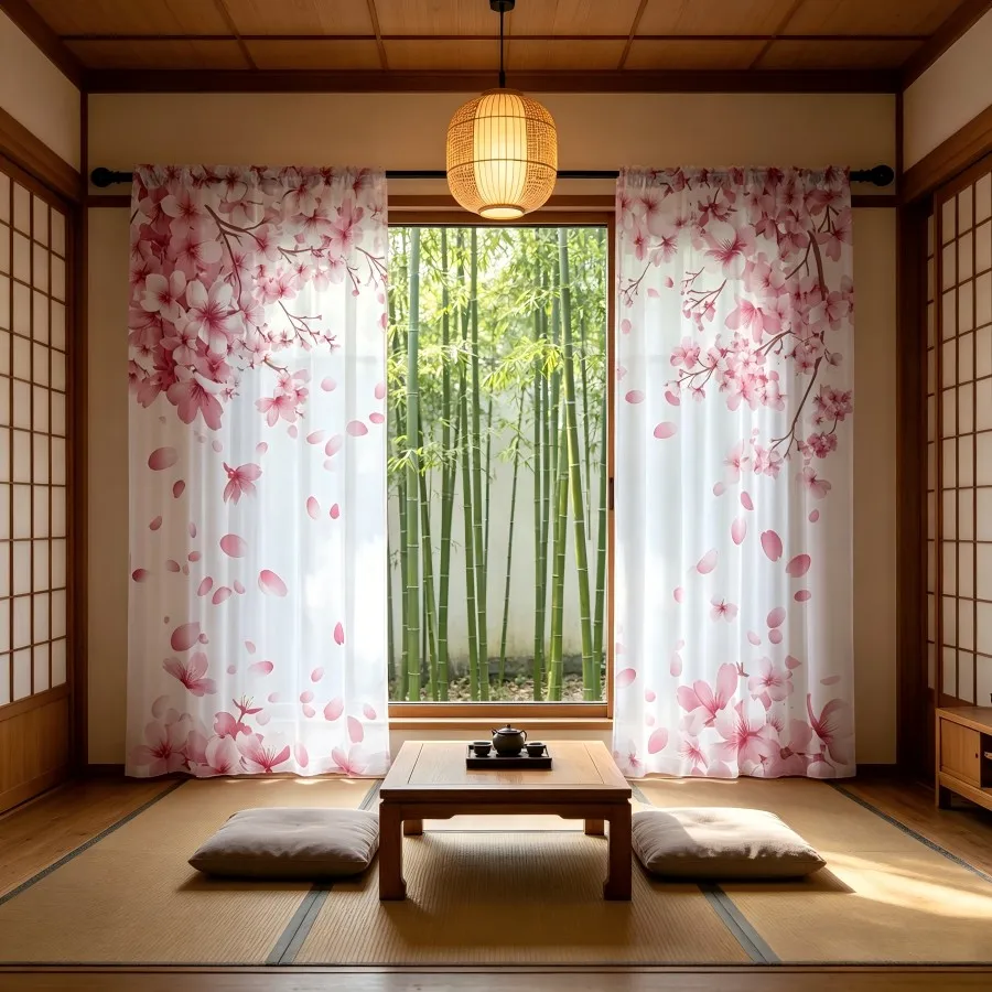 2PCS Digital Print Sheer Curtain, Pink Cherry Blossom Petal Floral Japanese Window Drapes for Living Room Bedroom Home Decor