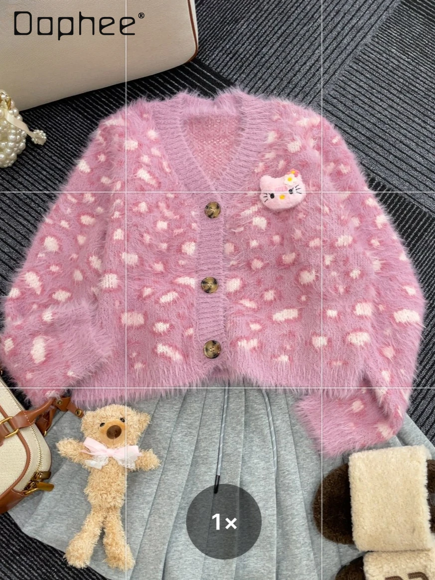 

Autumn New Korean Style Pink Leopard Print Temperament Soft Cartoon Cat Short Knitted Cardigan V Neck Long Sleeve Sweater