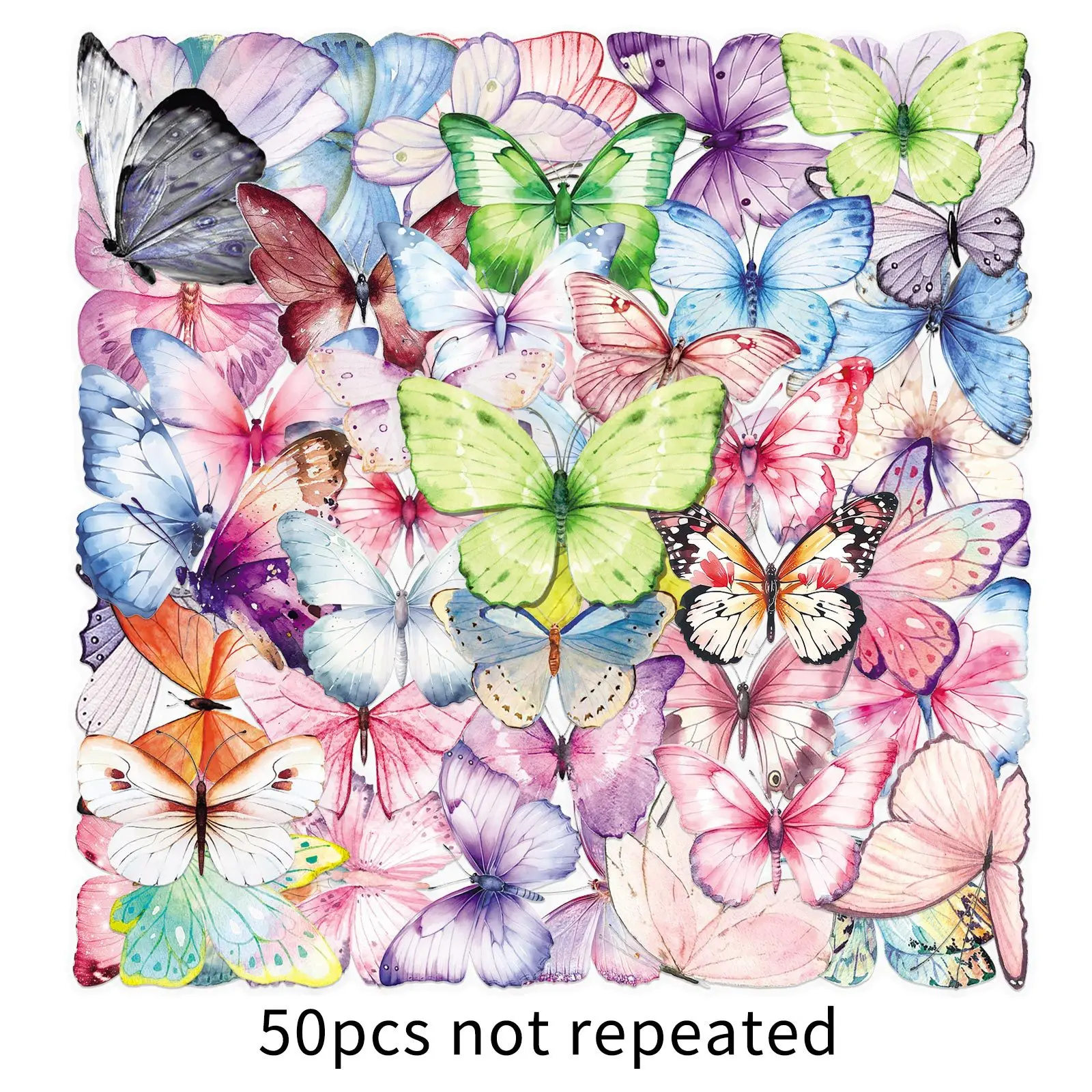 50 PCS Colorful Butterfly Cartoon Insect Stickers Transparent Waterproof Decorate Helmet Phone Window Computer Stationery Decals