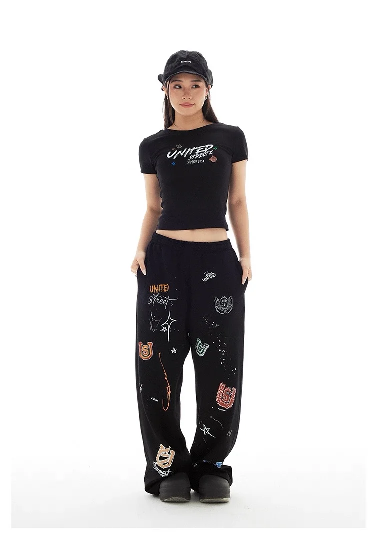 Americano retro graffiti casual cor sólida calças de perna reta para homens e mulheres high street jazz hip hop perna larga esportes