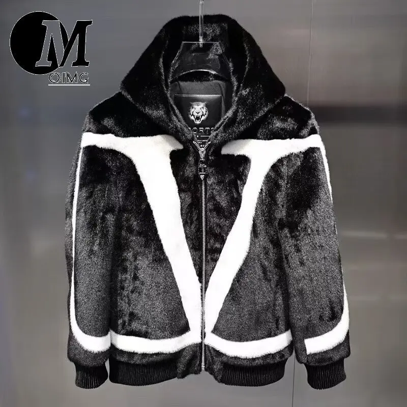 [OIMG] European Goods 2025 Winter Thick Warm Mink Chest Letter Color Blocked Jacquard Hooded Slim Fit Fur Jacket Trendy