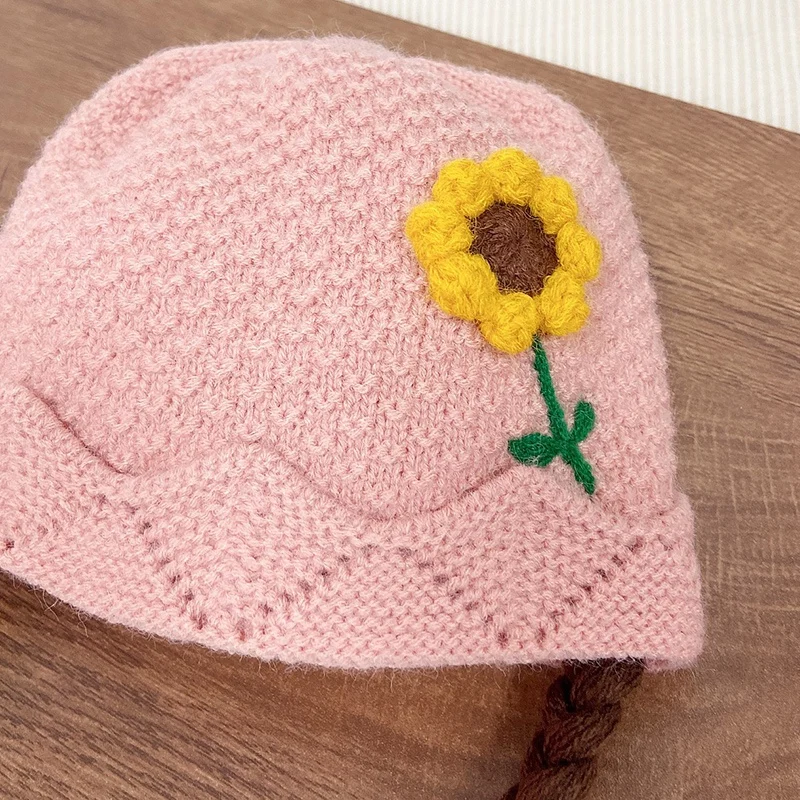 Baby Wig Knitted Ear Protection Hat Infant Three-Dimensional Flowers Warm Windproof Wool Hat