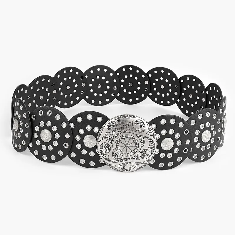 Punk Wide Waist Belt Women Vintage Rivet Studded Faux Leather Disk Charms Gothic Rock Hip Hop Belts
