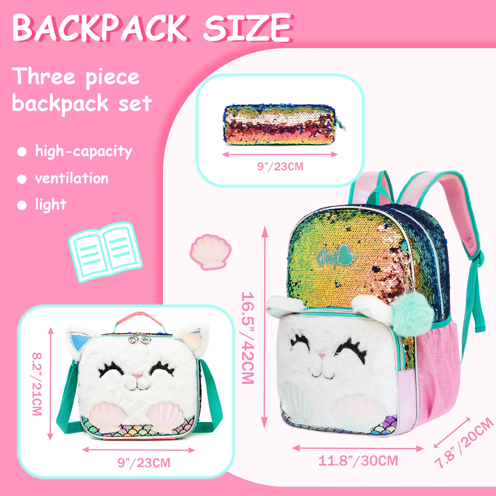 Cute Cat Sequin Backpacks for Girls School Bag with Lunch Box Pencil Case for Elementary Preschool Students Kids Travel Backpack