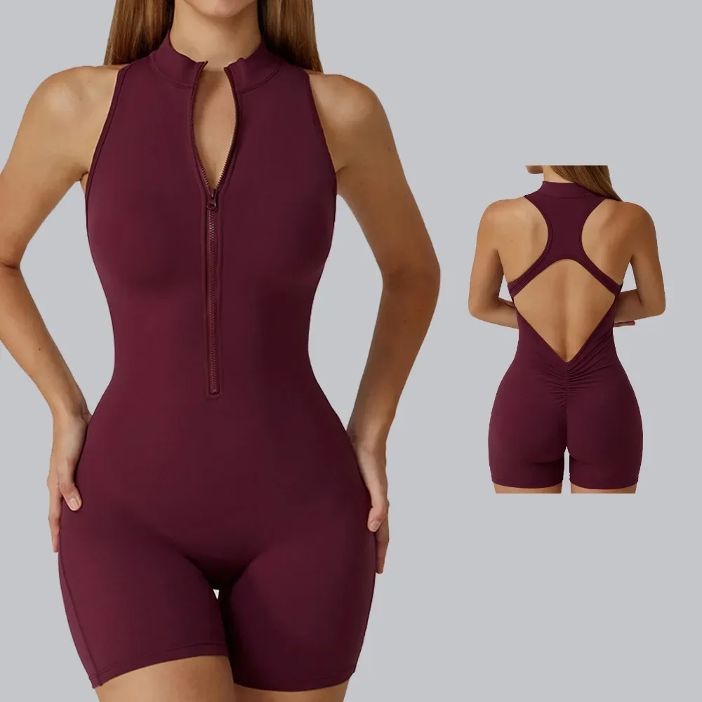 Backless Half Zipper Rompers for Women Padded Push Up Tights Slimming Fit Fitness Shorts Jumpsuit One-Piece Sports Yoga Overalls