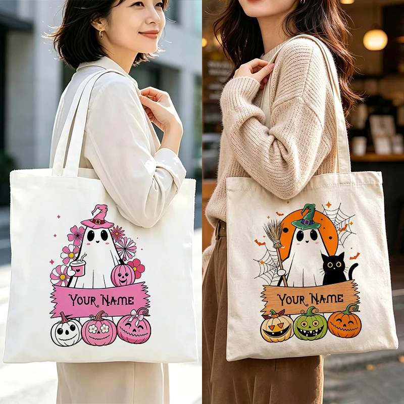 Personalized Cute Ghosts Canvas Tote Bag Custom Name Halloween Spooky Pumpkin Witch Grocery Shopping Bag Reusable for Women Gift