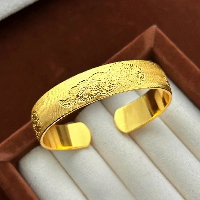 NovaGlod 9999 24K real gold light luxury rich large bracelet brushed wide face CNC crushed ice Xiangyun open female bracelet