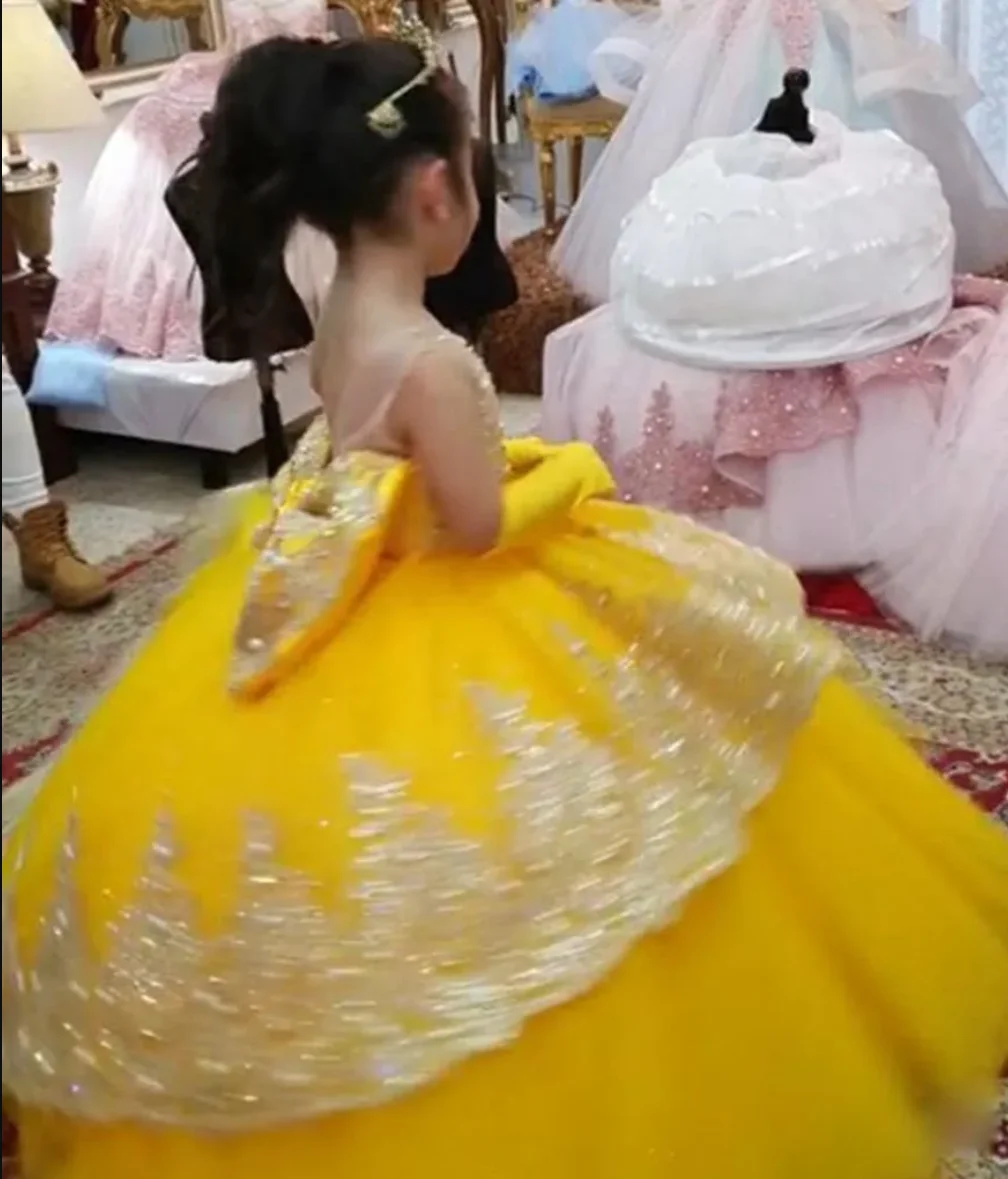 

Gold Girls Princess Dress 2025 Tulle Tiered Flower Girl Dresses Toddlers Beaded Lace Pageant Dress Custom Made Party Gowns