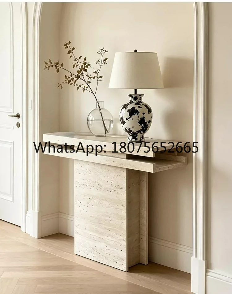 Wabi Sandy Wind Natural Travertine Entrance Table Living Room Household Marble Strip Case Long Plan Table Storage Table