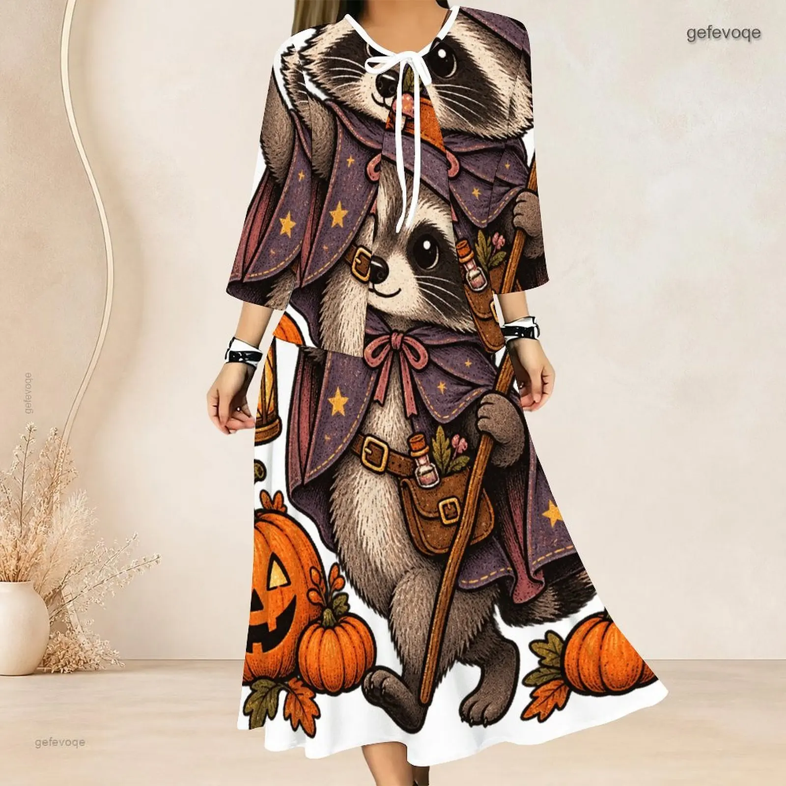 Women 3/4 Sleeve Printed Dress Set, Cute Wizard Raccoon and Pumpkin Pattern Round Neck Tie Midi Dress