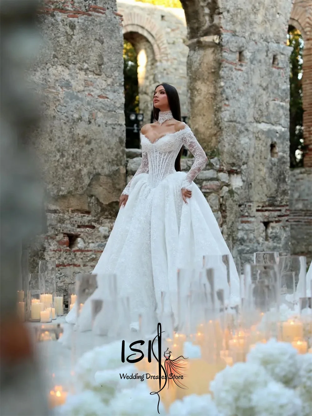 Vestidos de Novia de Lujo con Encaje Plisado ISI, Vestido de Noche con Corsé de Manga Larga, Vestidos de Novia Personalizados
