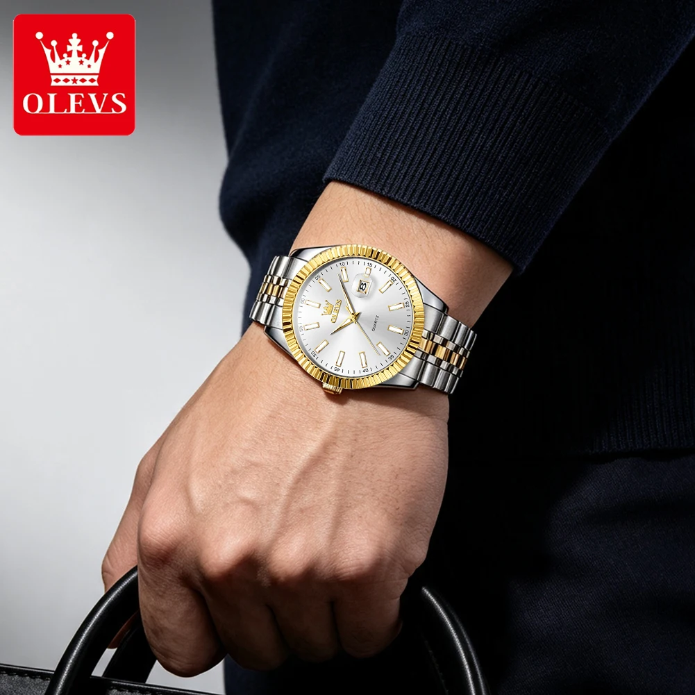 OLEVS Mens Business Quartz Watch Stainless Steel Gold Watch Luxury Classic Waterproof Luminous Calendar Male Wristwatch 5593