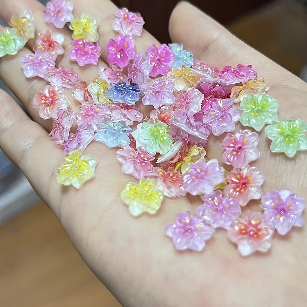 50Pcs Mixed 3D Colorful Acrylic Flowers Nail Art Gradient Blossom Flowers Nail Charms 8x10mm Five-Petal Floret Manicure Parts