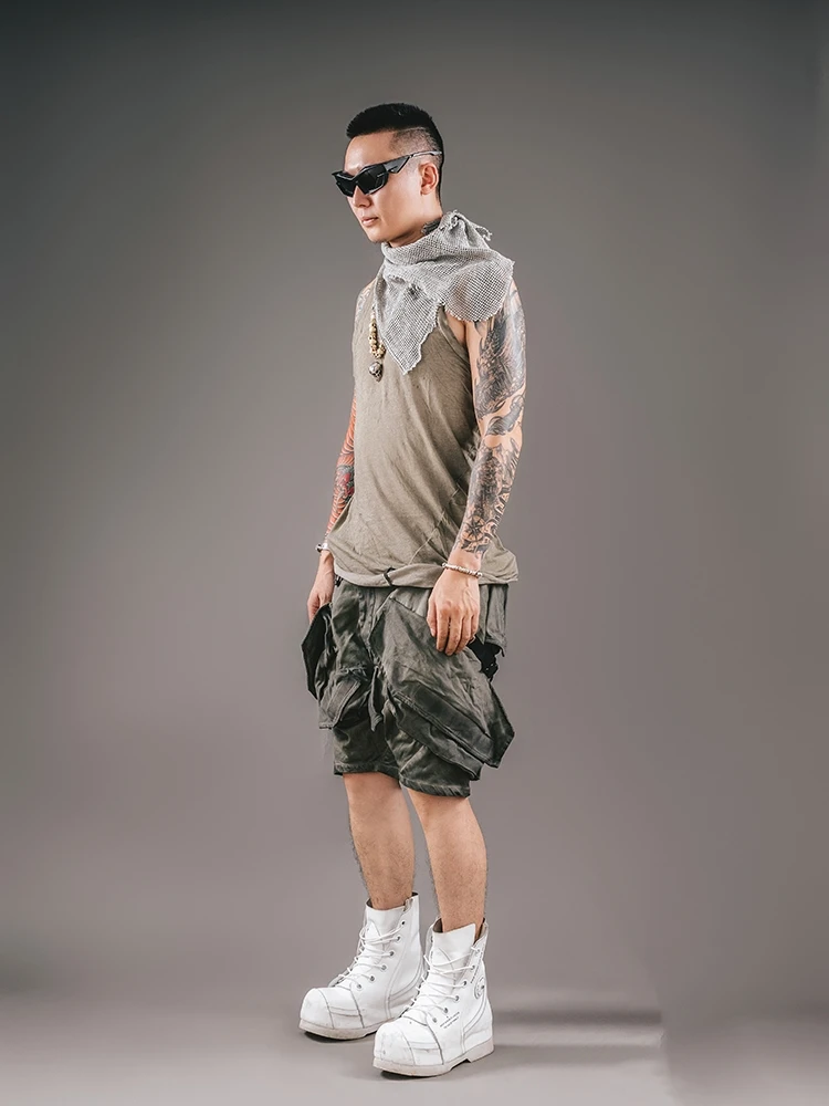 Washed Vintage Casual Pants Shorts Heavyweight Color Block Fabric Five-Quarter Length Workwear Style Urban Fashion Youthwear