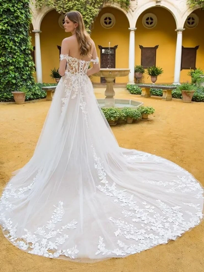 Robe de mariée en Tulle, épaules dénudées, avec des appliques en dentelle, ligne A, longueur au sol, robe de mariée formelle