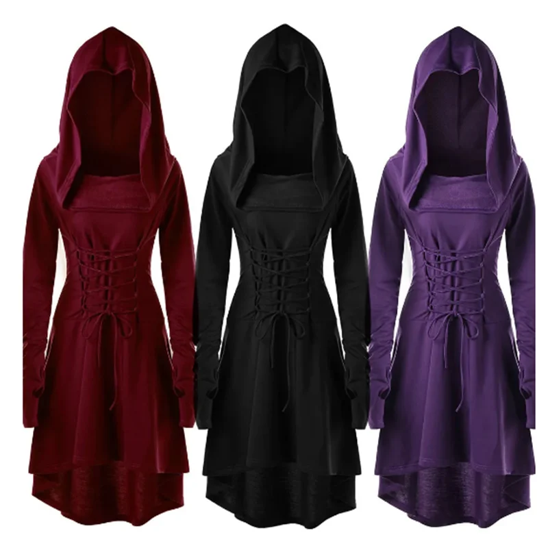 Vintage Womens Dress Cosplay Medieval Renaissance Archer Costumes Hooded Robe Lace Up Pullover Long Hoodie Dress Cloak