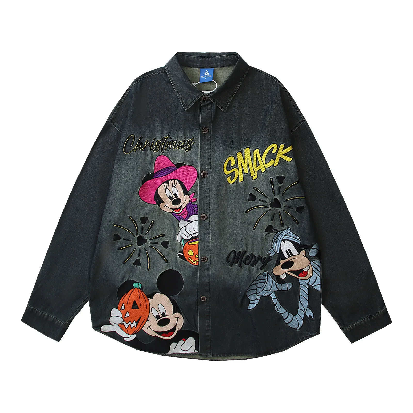 

Disney Mickey Mouse American Washed Vintage Shirt Cartoon Embroidered Denim Shirt Women's Spring Casual Versatile Couples Jacket
